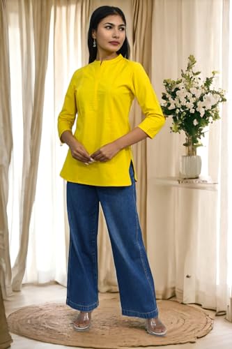 Image of JAIPUR HAND BLOCK Women's Pintuck Plain Short Cotton Kurti|Top STYLE-S91