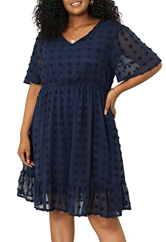 Keluummi Plus Size Wedding Guest Midi Dresses for Curvy Women, Casual Summer Swiss Dot Baby Shower Dress with Sleeve