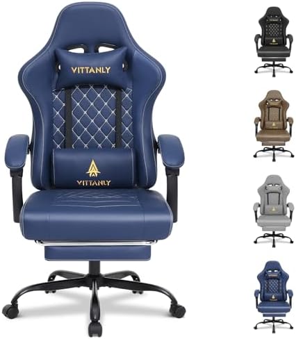 Vittanly Gaming Stuhl mit Federsitzkissen, Gaming Chair, Marineblau | Kopfstütze, Lendenkissen und Fußstütze, Ergonomisches Design, Gaming Sessel, Bürostuhl, für Homeoffice und Gam