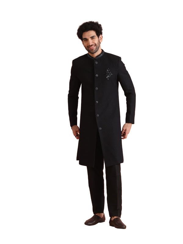 KISAHMens Indo-Western Sherwani Trouser Set|Blended Fabric Embellished Pattern Mens Ethnic Wear|Stylish Fit Mandarin Collar Long Sleeves-image-19
