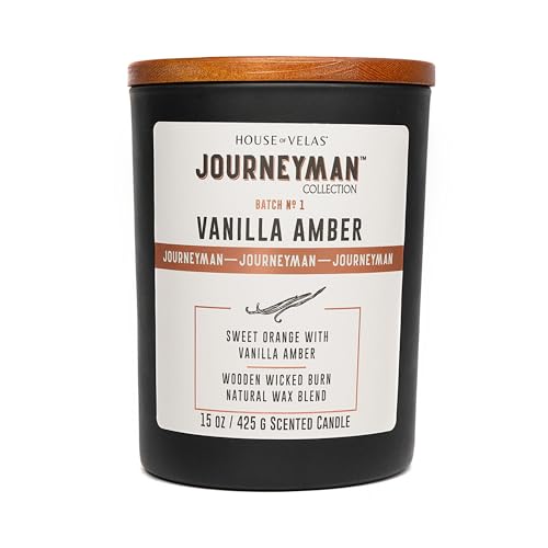 House of Velas Journeyman Collection Candle, 15oz, Wooden Wick, Vanilla Amber, Large Painted Jar