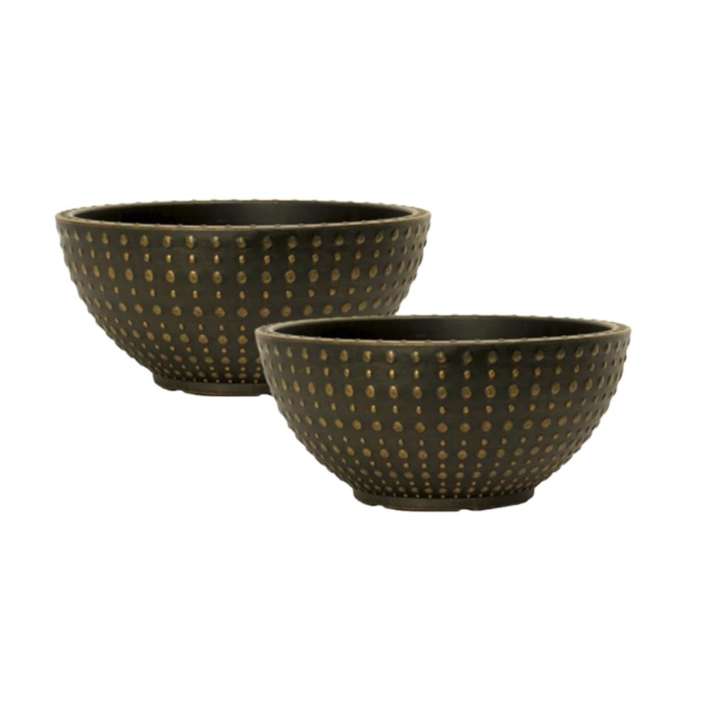 shopior Hobnail Plant Pot Bowl – 7L Large Round Plastic Planter – Weatherproof Decorative Flower Pot for Indoor Outdoor Garden Patio Balcony Herb Plants (Black Bronze Bowl 30cm - Pack 2)