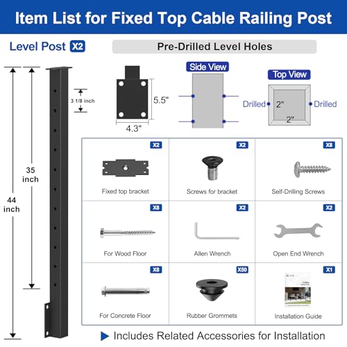 Image of BLIKA 2 Pack 36 inch Side Mount Cable Railing Posts, 304 Stainless Steel, Level Drilled Fascia Mount Deck Post for Cable Railing Kit, Black Powder Coated Side Mount Line Posts