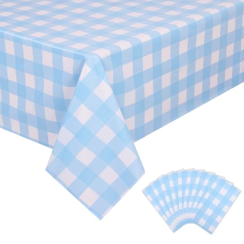 Image of Kesfey 9 Packs Light Blue Gingham Tablecloth Pale Blue and White Checkered Tablecloths 54 x 108 Inches Disposable Plastic Gingham Tablecovers Waterproof Rectangle Picnic Table Cover for Birthday Party