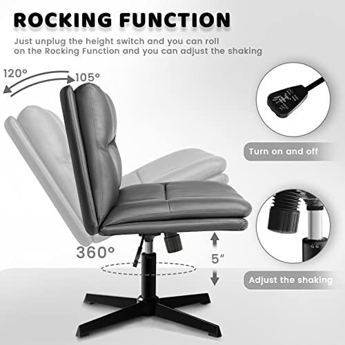 Lemberi Pu Leather Armless Office Desk Chair No Wheels,Criss Cross Legged Home Office Chair, Wide Padded Swivel Vanity Chair,120°Rocking Mid Back Ergonomic Computer Task Chair For Make Up,Small Space #TOP3