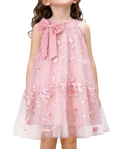 YALLET 6Y 7Y Flower Girl Dress Halter Neck Sleeveless Wedding Party Dress Embroidery Tulle Kids Party Gown for Valentine's Day Easter Wedding Homecoming Birthday Special Occasion(Pink,6-7 Years)