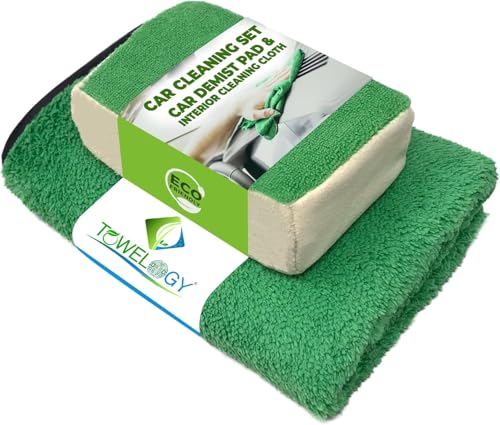 Towelogy X02 Car Demister Pad Dual Microfibre Chamois De Mist Windscreen Sponge For Interior Window Screen Fog Cloth Eco Green/Set of 2 (Green)