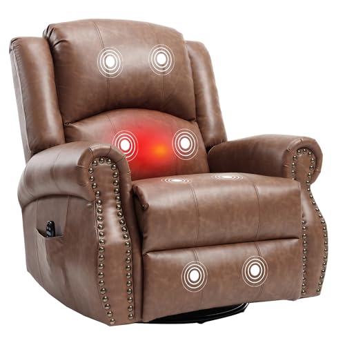 PELUMY Breathable Leather Swivel Rocking Recliner Chair for Adults, 360° Swivel Glider Rocker with Heat & Vibrating Massage, Lounge Chair for Living Room, Bedroom, Nursery (Earth Yellow)