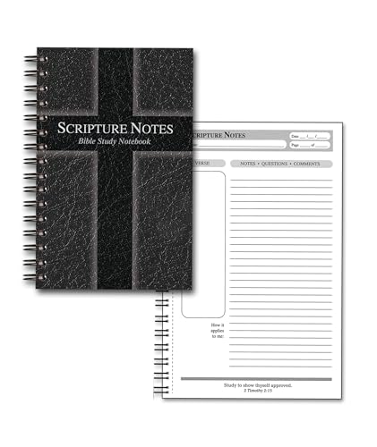 G.T. Luscombe Company, Inc. Scripture Notes, Bible Study, 9 x 5.5 inch, Spiral Bound, 100 Double-Sided Page, Hardboard Cover, Lined Notebook with Prompts and Text Boxes, Black