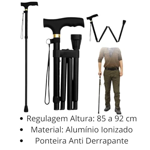 Bengala Dobrável de Alumínio com Regulagem de Altura Leve e Compacta para Idosos Ninja Tech (Preto)