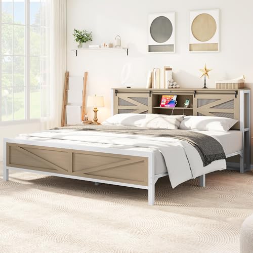 YITAHOME Farmhouse King Size Bed Frame with Headboard, Bookcase Storage Shelves, Sliding Grid Barn Door, Charging Station, Rustic Wood Platform Bed, No Box Spring Needed, Oak