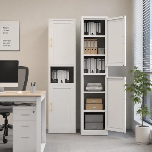 Image of Tall Narrow Pantry Cabinet for Kitchen, 67 inch H Metal Storage Cabinets with Doors and 3 Adjustable Shelves for Dining Room, Living Room and Home Office (16 inches Wide White)