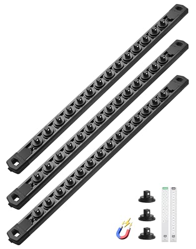 Image of ALOANES Magnetic Socket Organizer Set, 3-Piece Heavy Duty Aluminum Socket Rails, 360 Swivel Clips Socket Rail Kit for Tool Tray Drawer Fit 1 /4-Inch x 42 Clips (Black, 3PC)