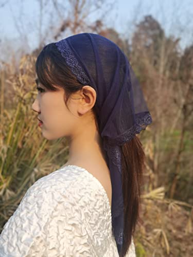 YuRongsxt Triangle Chapel Veil Mantilla Lace Headcovering Catholic Latin Mass M15 (Navy Blue)