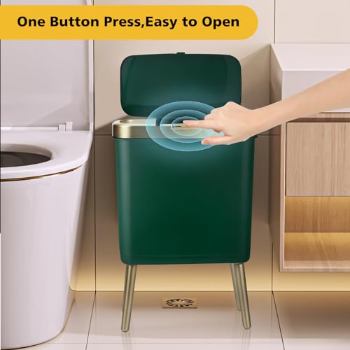 Yatgowell YA-002 Office Trash Can With Lid,Slim Bathroom Garbage Can With Lid, 4 Gallon Kitchen Trash Bin With Gold Edge,Modern Green Trash Can Waste Basket thumb #2