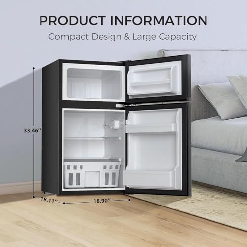 Image of Kismile Mini Fridge with Freezer, 3.2 Cu.Ft Compact Mini Refrigerator with Double 2 Door, Adjustable Temperature, Full Size for Bedroom /Apartment /Office /Dorm, Black