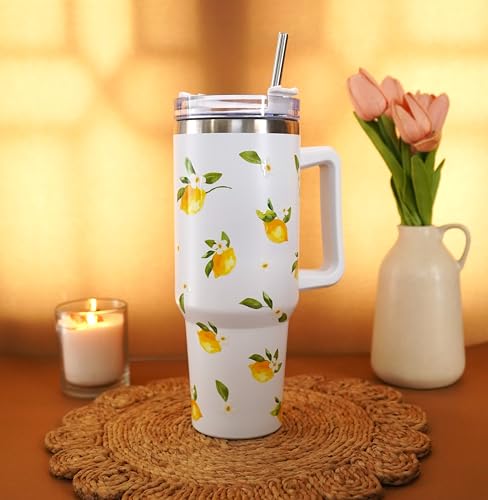 Image of 1200ML Stainless Steel Tumbler Hot and Cold with Handle and Lid and 2 Straws, Double Insulated Cup Leak Proof Mug Cupholder for Gym, Travelling (White Summer Lemons)
