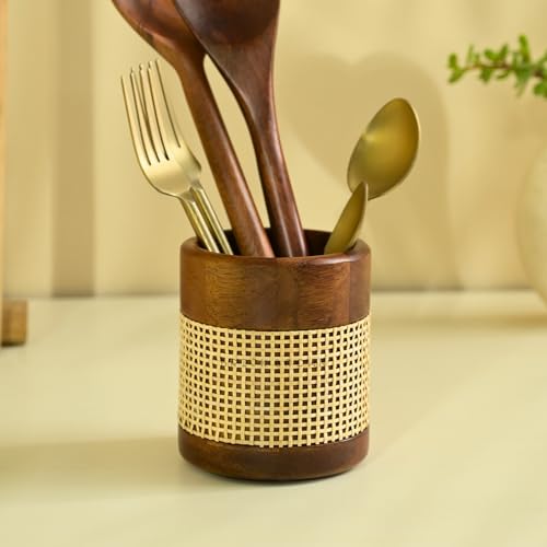 Image of Brick Brown Premium Wooden Tresso Cutlery Holder Spoon Stand for Kitchen,for Dining Table,Wooden Caddy Storage Organizer Stand with Removable Section Caddy Holder (4x4x4.5 inch) 10.2 x 10.2 x 11.9 cm