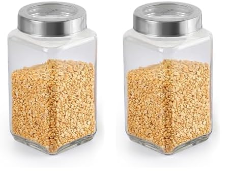 Image of CELLO Qube Fresh Glass Storage Jar | Container with Air tight Silver Metal Lid | Multipurpose Jar | For Storage of Food, Pulses, Spice, Cereals, Cookies, Dry Food | 1000ml, Clear (Pack of 2)