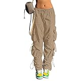 QYANGG Baggy Parachute Pants for Women& Girls Drawstring Elastic Low Waist Ruched Cargo Pants Multiple Pockets Jogger Y2K Khaki