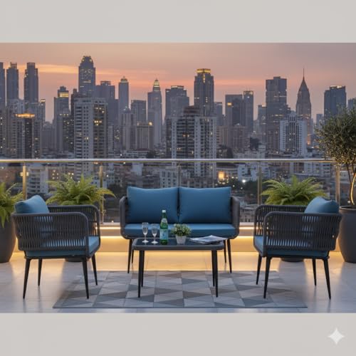 Image of LOCCUS 4-Piece Rope Sofa Set - Outdoor & Indoor Patio Furniture with Waterproof Cushions, Powder-Coated Iron Frame & Glass Top Table for Garden, Balcony [Grey & Blue]