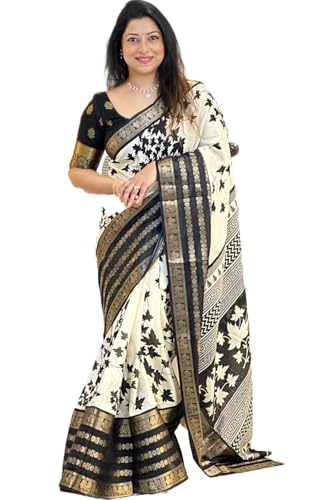 Image of Yashika Women's Floral Printed White Dola Silk Jacquard Saree With Unstitched Blouse Material For Women (AZ-YS-OG-GYANI)