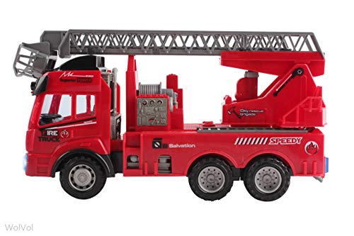 Wolvolk Remote Control Electric Fire Truck - Lighted Rc Firefighter Engine W/ Extending Ladder & Sounds - Non Toxic Fireman Vehicle Action Toy For Kids #TOP1