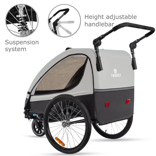 Tiggo VS Kinderanhänger 360° Drehbar mit Federung 2in1 Fahrradanhänger mit Buggy Set Jogger 5-Punkt Gurt Fahrrad Anhänger für 1 bis 2 Kinder max. 40kg (Grau)