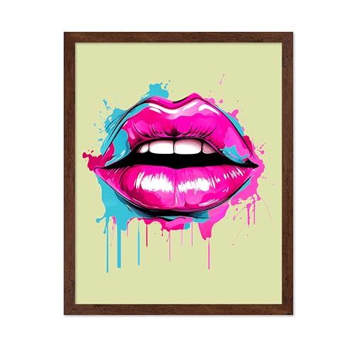 Poster Master Lip Poster - Woman's Lips Print - Color Drip Art - Abstract Artwork - Rainbow Creation - Girly Visual - Great Bedroom or Living Room Wall Decor - 11x14 Brown Framed