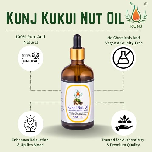 Image of KUNJ Kukui Nut Oil (Aleurites moluccanus) 100ML - 100% Pure & Natural, Cold Pressed, Undiluted - Therapeutic Grade Carrier Oil for Skin Care, Hair Nourishment & Hydration