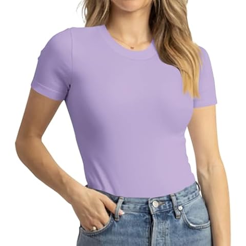 Basic Tee Shirts for Women 2024 Trendy Crew Neck Short Sleeve Tshirt Casual Summer Tops Light Purple Cover