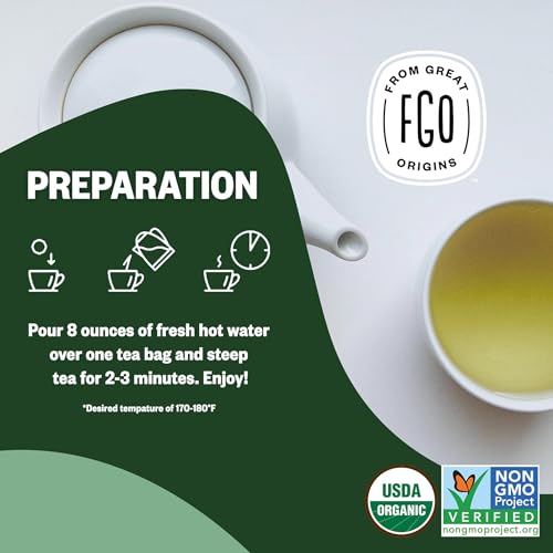 Image of FGO Organic Green Tea, 100 Count Eco-Conscious Tea Bags, Caffeinated, Resealable Pouch, Packaging May Vary (Pack of 1)