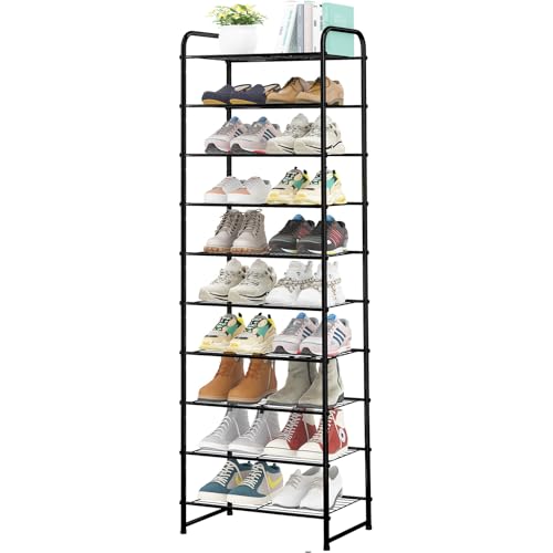 Ekisemio-10 Tiers Tall Shoe Rack Organizer for 20 Pairs Shoes, Expandable & Adjustable Shoe Storage Shelf, Wire Grid, Black