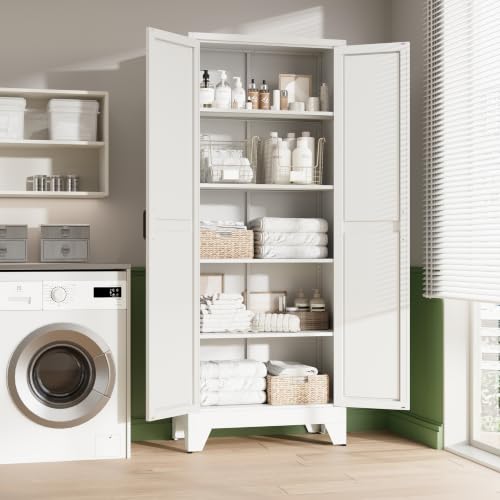 Image of Letaya 75 inch H Metal Storage Cabinet with 2 Doors and 4 Shelves,Tall Kitchen Pantry Cabinets,Farmhouse Utility Pantry Organizers for Cupboard /Dining /Bathroom /Home Office /Garage,White