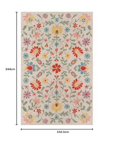 Image of Floral Pattern Wool Carpet with Loop Texture Yarn Anti Shedding Carpet Size 5x8 Feet A3 Ivory & Multi