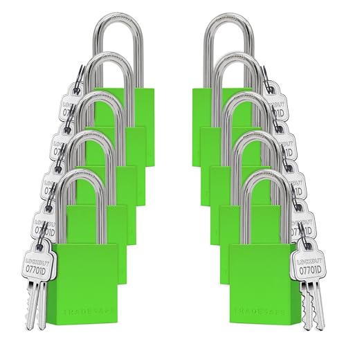 Image of TRADESAFE Lockout Tagout Locks Set - 10 Green Aluminum Loto Locks, Lock Out Tag Out Padlocks Keyed Alike, 2 Keys Per Lockout Padlock, OSHA Compliant