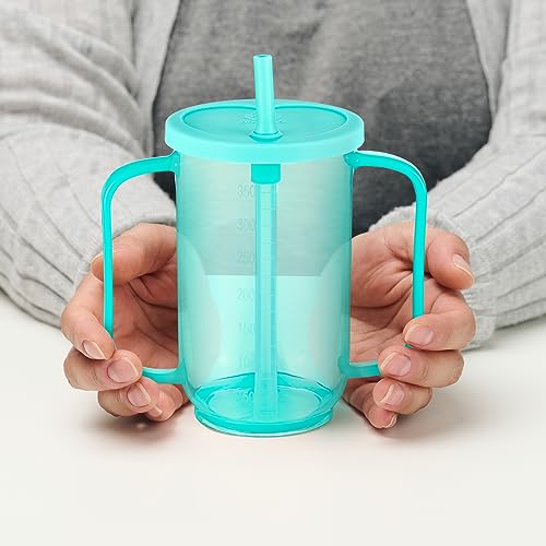 Sliner Adult Sippy Cups for Elderly 12 oz Straw Sippy Cups with 2 Handles No Spill for Adults Spill Proof Dysphagia Cup for Disabled Patients (Blue) - Thumbnail 3