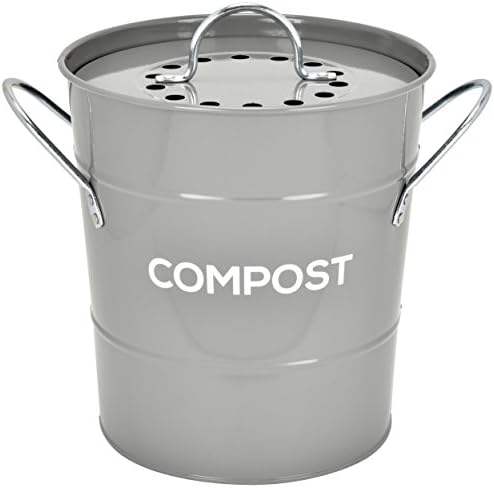 Indoor Kitchen Compost BIN by Spigo, Great for Food Scraps, Includes Charcoal Filter for Odor Absorbing, Removable Clean Plastic Bucket, Handles, Durable Stainless Retro Design, 1 Gallon, Grey