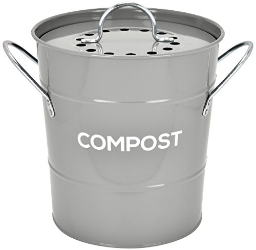 Spigo Indoor Kitchen Compost BIN, Great for Food Scraps, Includes Charcoal Filter for Odor Absorbing, Removable Clean Plastic Bucket, Handles, Durable Stainless Retro Design, 1 Gallon, Grey