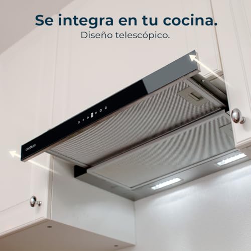 Cecotec Flux TLT 605500 Glass Black A++ Telescopic Extractor Hood 60 cm 70 W Motor, Low Consumption, White Glass Front, Power 550m³/h, Touch and Gesture Control, Carbon Filter