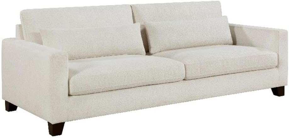 Pemberly Row 89 Inch Sofa, Ivory Textured Polyester Fabric, Solid Wood Legs Brown Finish, Foam Padding with Pocket Coils, Attached Cushions, Includes 2 Lumbar Pillows, Living Room Seating