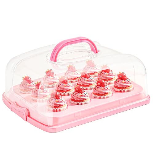 FEOOWV 2in1 Cupcake Carrier and Cake Keeper with Lid, Rectangle Pie Carrier,Large Portable Storage Container for Storing 12 Cupcakes or 1 Large Cake (Pink)