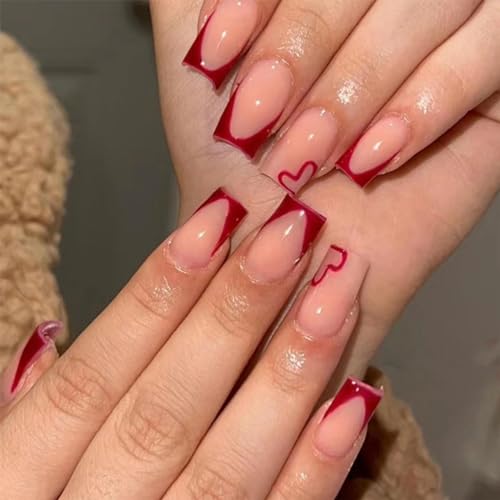 24pcs French Tip False Nails Short Square, Red Edge Press on Nails Red Heart Fake Nails Glue on Nails Removable Stick on Nails Full Cover Fake Nails Women Girls Nail Art Accessories