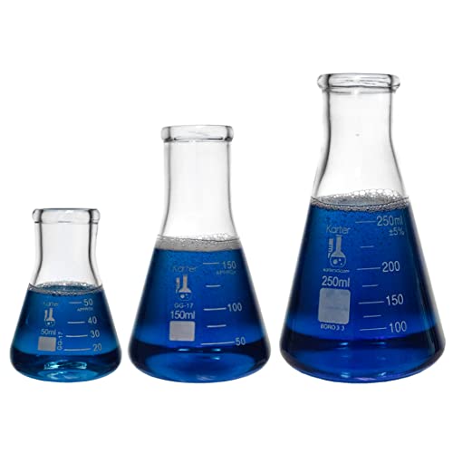 Karter Scientific Glass Flask 5 Piece Set, Narrow Mouth Erlenmeyer, Borosilicate 3.3 Glass - 50Ml, 150Ml, 250Ml, 500Ml, 1L, 213B2 #TOP6