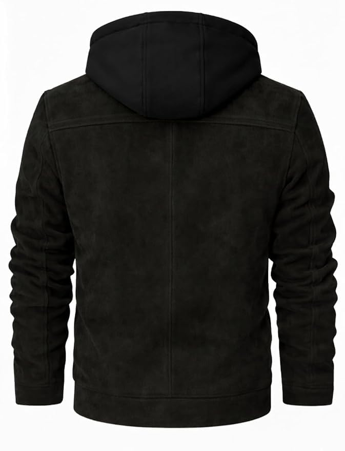 Image of Blaq Ash Men's Suede Biker Jacket, Black, with Removable Hood, Fleece Lined, Zip Closure