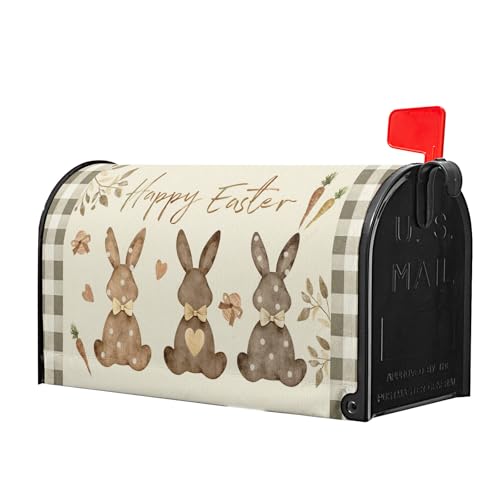 Image of Happy Easter Mailbox Cover, Magnetic Large Size 25.5x21 Inches, Spring Bunny Rabbits Egg Carrot Mailbox Wrap Post Cover with Buffalo Plaids for Garden Yard Outdoor Home Decor