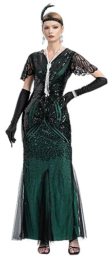 1920s Gatsby Flapper Evening Party Dress V Neck Sequins Mermaid Hem Cocktail Long Maxi Gown w/ 20s Accessories Set2