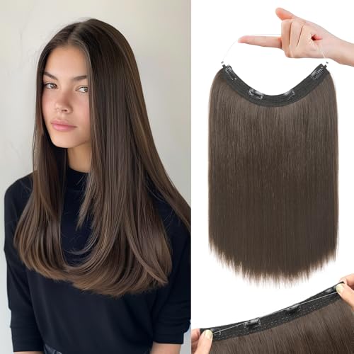 REECHO 16" Invisible Wire Hair Extensions with Thinner Softer Lace Weft Adjustable Size Removable Secure Clips in Short Straight Secret Hairpiece for Women - Chocolate Brown