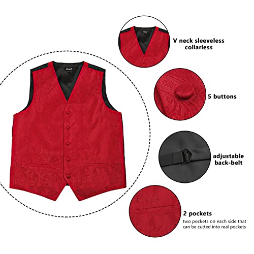 Alizeal Mens 5Pcs Paisley Suit Vest Classic Jacquard Button-Down Waistcoat Set, Red-Xl #TOP4