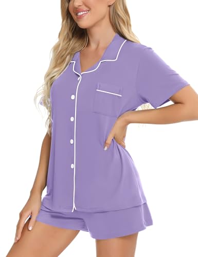 Image of SWOMOG Womens Button Down Pajamas Set Short Sleeve Sleepwear Bride Soft Pj Lounge Sets XS-3XL